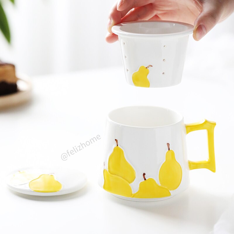 Kézzel épített dombornyomott mézes körte mintás kerámia kávéscsésze csészealj sorozat délutáni filteres teáscsésze vizes bögre 200 ml/300 ml/490 ml