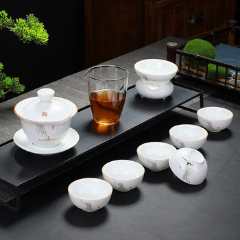 Комплект от 10 бр. Китайски кунг-фу Пътуващ сервиз за чай Керамична преносима чаша за чай Порцеланов сервиз Gaiwan Чаши за чай Чаша за чайна церемония Чайник