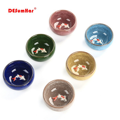 6vnt Keramikos 3D Golden Fish China arbatos puodelių rinkinys, Crackle Glaze Travel Tea Bowl Kinijos porcelianiniai arbatos puodelių rinkiniai Kung Fu arbatos rinkinys