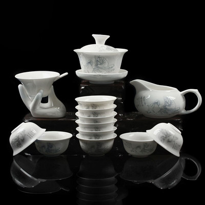„Bone China“ keramikinis „Kung Fu“ arbatos rinkinys „Dragon“ porcelianas, 14 vnt. arbatos kostiumėlio su „Gaiwan“ arbatos puodeliais W $