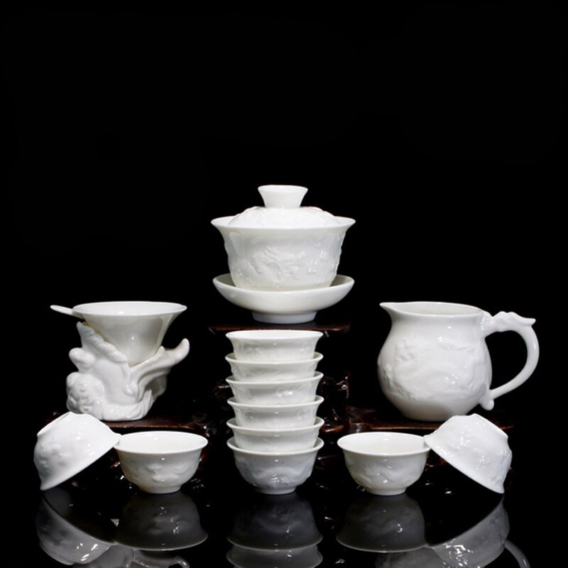 Bone China kerámia kung fu teáskészlet ajándék könnyítő sárkány porcelán 14db tearuha Gaiwan teáscsészékkel W $