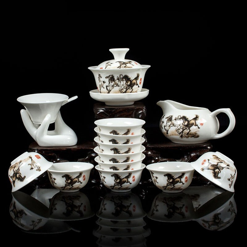 Bone China kerámia kung fu teáskészlet ajándék könnyítő sárkány porcelán 14db tearuha Gaiwan teáscsészékkel W $