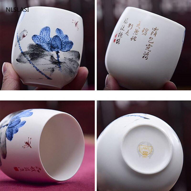 4 buc/set Jingdezhen ceai din ceramica castron pentru ceai, cafea pictate manual, cani de vin, set de ceai albastru si alb, consumabile pentru bauturi 220 ml