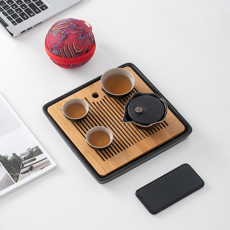 Juoda keramika Raudona keramika Vienas puodas Trys puodeliai arbatos rinkiniai Nešiojami kelionių namų biuro puodeliai Keraminės arbatos kavos indelis su maišeliu