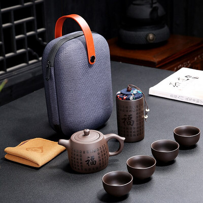 Hordozható kungfu teaszett utazási kültéri irodai egyszerű használatú kínai lila homokteás csészék teáskészletek utazótáskával Ingyenes kiszállítás