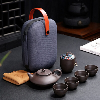 Hordozható kungfu teaszett utazási kültéri irodai egyszerű használatú kínai lila homokteás csészék teáskészletek utazótáskával Ingyenes kiszállítás