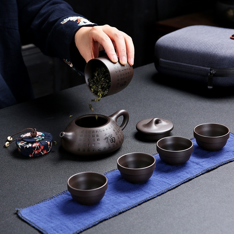 Hordozható kungfu teaszett utazási kültéri irodai egyszerű használatú kínai lila homokteás csészék teáskészletek utazótáskával Ingyenes kiszállítás