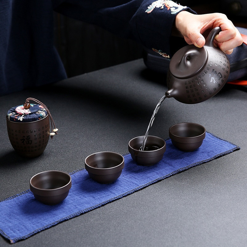 Hordozható kungfu teaszett utazási kültéri irodai egyszerű használatú kínai lila homokteás csészék teáskészletek utazótáskával Ingyenes kiszállítás