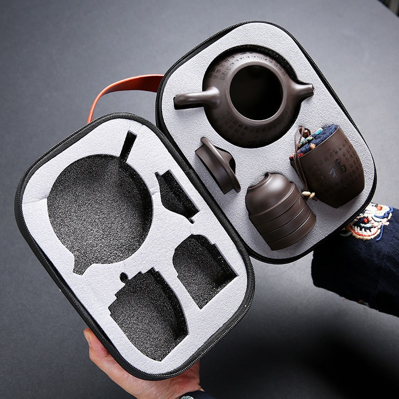 Hordozható kungfu teaszett utazási kültéri irodai egyszerű használatú kínai lila homokteás csészék teáskészletek utazótáskával Ingyenes kiszállítás