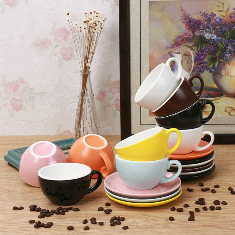 240-300 ml Macaron széles szájú kerámia cappuccino kávés bögre csésze csészealj készletekkel Simplicity európai vastag, színes eszpresszó csésze