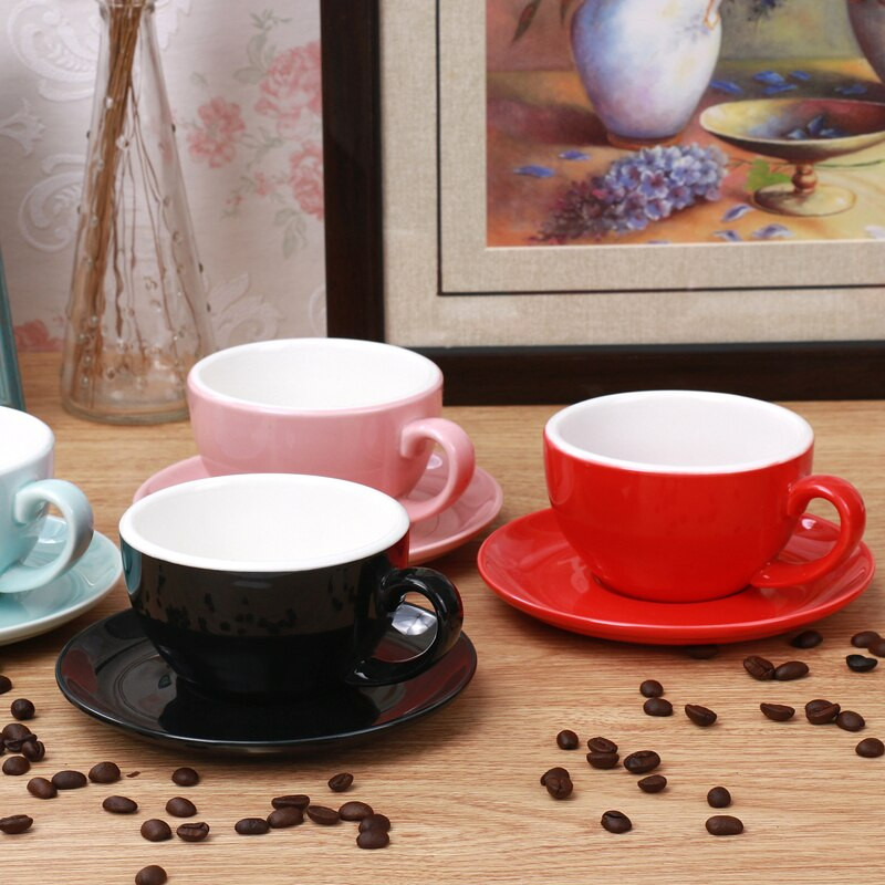 240-300 ml Macaron széles szájú kerámia cappuccino kávés bögre csésze csészealj készletekkel Simplicity európai vastag, színes eszpresszó csésze