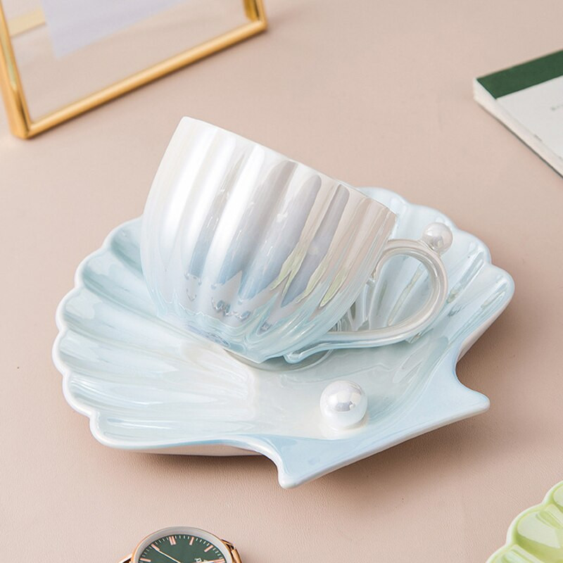 YOMDID Gradient Pearl Shell kavos puodelis Creative Cup Lėkštės rinkinys Keraminis Pienas Arbatos Vandens geriamojo puodelis Patvarus virtuvės gėrimas