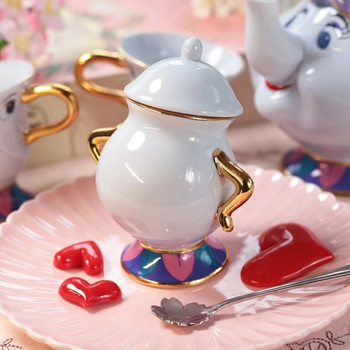 3-Pcs Beauty and the Beast Чаен сервиз Mrs Potts Чип Чаша за чай със захарница Саксия 3D Creative Cartoon Керамичен коледен подарък