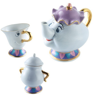 3-Pcs Beauty and the Beast Чаен сервиз Mrs Potts Чип Чаша за чай със захарница Саксия 3D Creative Cartoon Керамичен коледен подарък