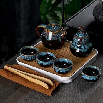 Преносим комплект за чай Kung Fu Керамичен китайски чайник Порцеланов чайник Gaiwan Чаши за чай Чаена церемония Чайник с пътна чанта