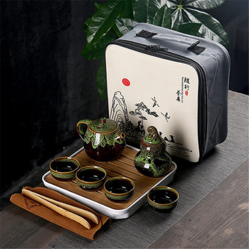 Преносим комплект за чай Kung Fu Керамичен китайски чайник Порцеланов чайник Gaiwan Чаши за чай Чаена церемония Чайник с пътна чанта