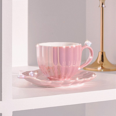 Set porculanskih šalica s gradijentnom bojom s tanjurićem i žlicom 420 ml/240 ml/120 ml šalica za vodu od biserne školjke, svjetla, luksuzna šalica za poslijepodnevni čaj