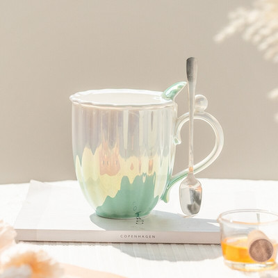 Set porculanskih šalica s gradijentnom bojom s tanjurićem i žlicom 420 ml/240 ml/120 ml šalica za vodu od biserne školjke, svjetla, luksuzna šalica za poslijepodnevni čaj