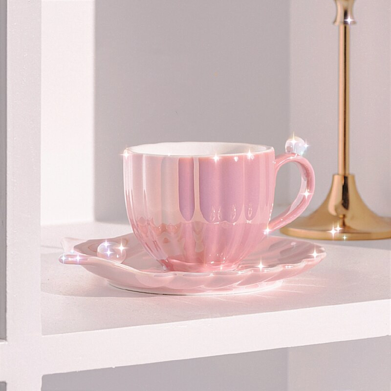 Set porculanskih šalica s gradijentnom bojom s tanjurićem i žlicom 420 ml/240 ml/120 ml šalica za vodu od biserne školjke, svjetla, luksuzna šalica za poslijepodnevni čaj