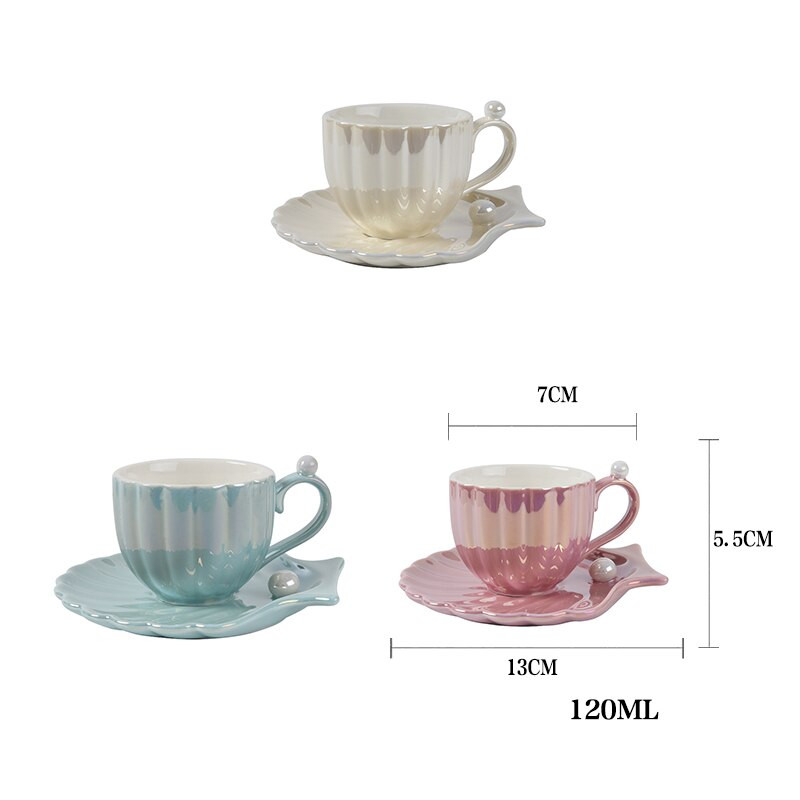Japán stílusú Pearl Shell bögre kávés csészealj készlet kanállal Macaron színes kerámia bögre 180 ml délutáni teás csésze otthoni tejcsésze