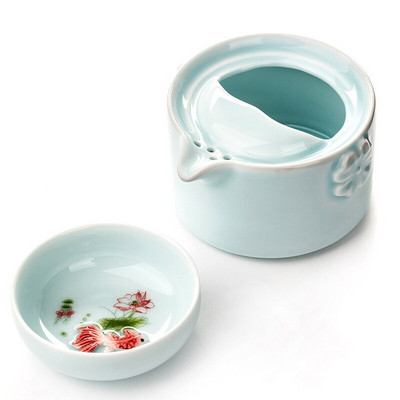 Aukštos kokybės elegantiškas Gaiwan arbatos rinkinys, celadon 3d Carp Kung Fu arbatos rinkinys, kurį sudaro 1 arbatinukas 1 arbatinukas, gražus ir paprastas arbatinukas virdulys.