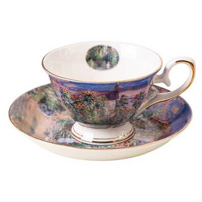 Kínai csésze és csészealj Fine Bone China Monet festményparti otthoni használatra csészealj készlet