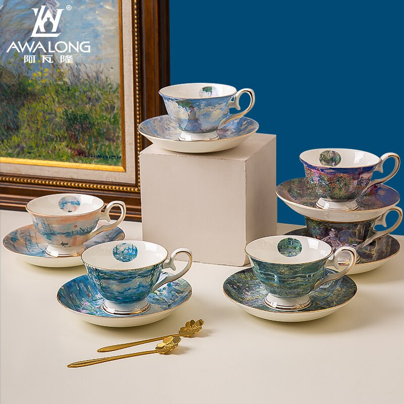Kínai csésze és csészealj Fine Bone China Monet festményparti otthoni használatra csészealj készlet