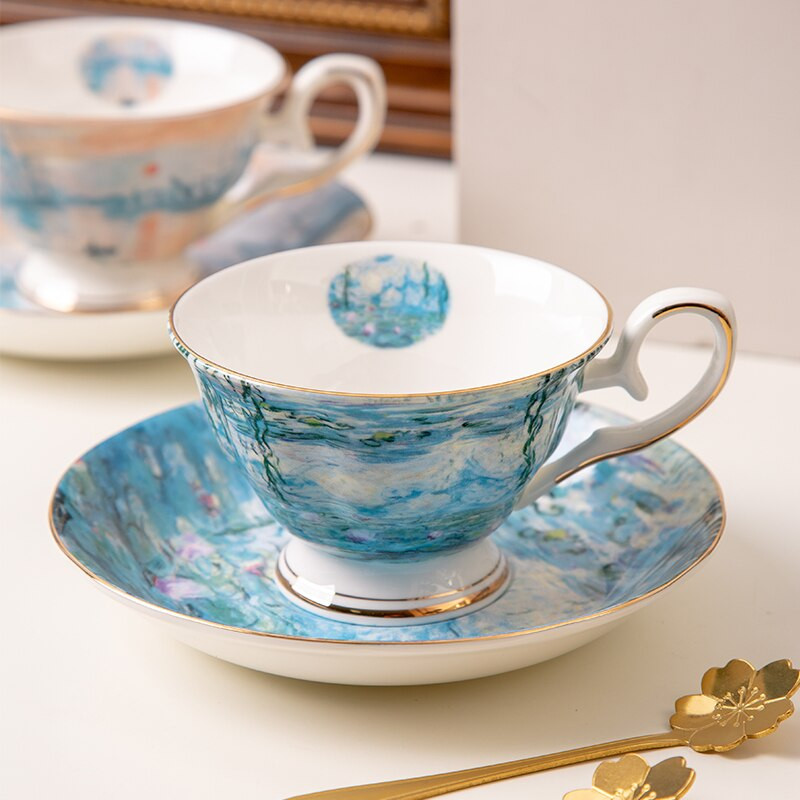 Kínai csésze és csészealj Fine Bone China Monet festményparti otthoni használatra csészealj készlet