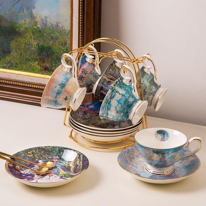 Kínai csésze és csészealj Fine Bone China Monet festményparti otthoni használatra csészealj készlet