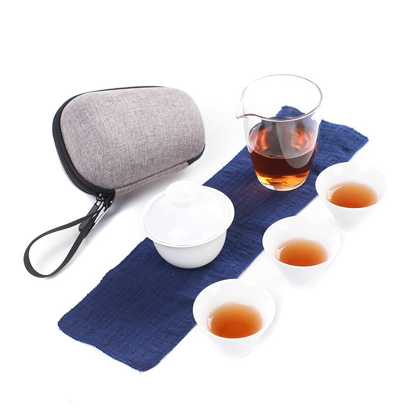 Kiváló minőségű hordozható teáskészlet Tartalmaz 3 teáscsészét 1 GaiWan 1 zacskót, kínai utazási fehér porcelán Kung Fu teáscsészét Ingyenes szállítás B32
