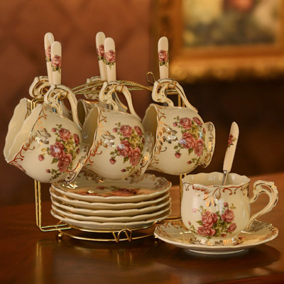 Set cești de cafea în stil european Set farfurii pentru ceai de după-amiază Set cești de cafea din ceramică cu farfurie, lingură și suport cu mâner