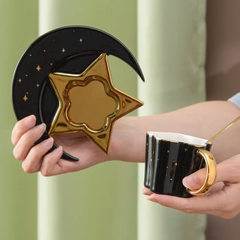 Σετ Πιατάκι για Φλιτζάνι Καφέ Light Luxury Creative Ceramic Star Moon with Spoon Golden Handle Κούπα για Τσάι Νερό Ποτά Ποτό