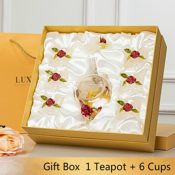 Червена роза Емайлиран кристален стъклен комплект за чай Комплект чаши за чай Чай с цветя Стъклени чаши за топли и студени напитки Домашен офис Комплекти за чай Подарък