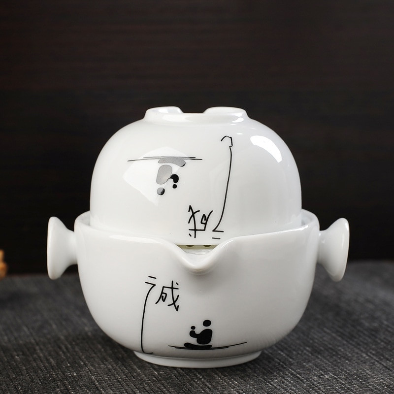 Kiniško rašto keraminis kelioninis arbatos rinkinys 1 puodelis+1 puodas, arbatos puodelis arbatinukas Arbatinis arbatinukas virdulys porcelianinis kelioninis elegantiškas Gaiwan arbatos puodelis