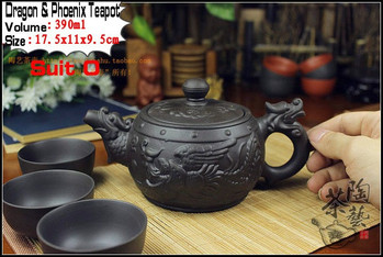 Автентичен комплект за чай Kung Fu от 4 части [1 чайник + 3 чаши] 360 ml чайник Dragon Infuser Чайници Yixing Ръчно изработен керамичен порцелан Zisha