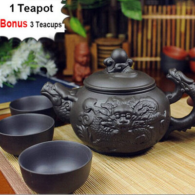 Autentiškas 4 vnt Kung Fu arbatos rinkinys [1 arbatinukas + 3 puodeliai] 360 ml Dragon Kettle Infuser Yixing arbatinukai rankų darbo Zisha keramikinis porcelianas