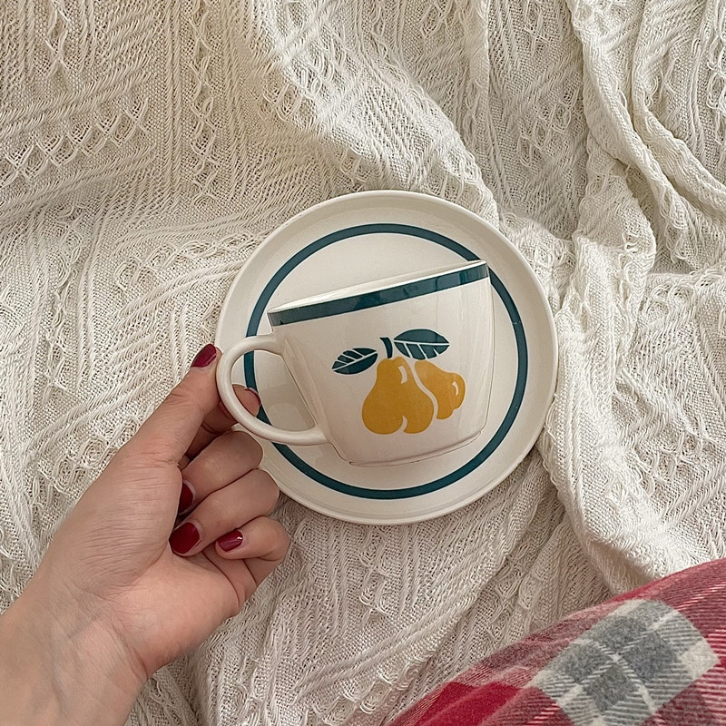 CuteLife Nordic Fruit fehér kerámia kávés csésze szett dekoratív tejeskávé ivótej tea csésze csészealj Újrafelhasználható esküvői reggeli csésze