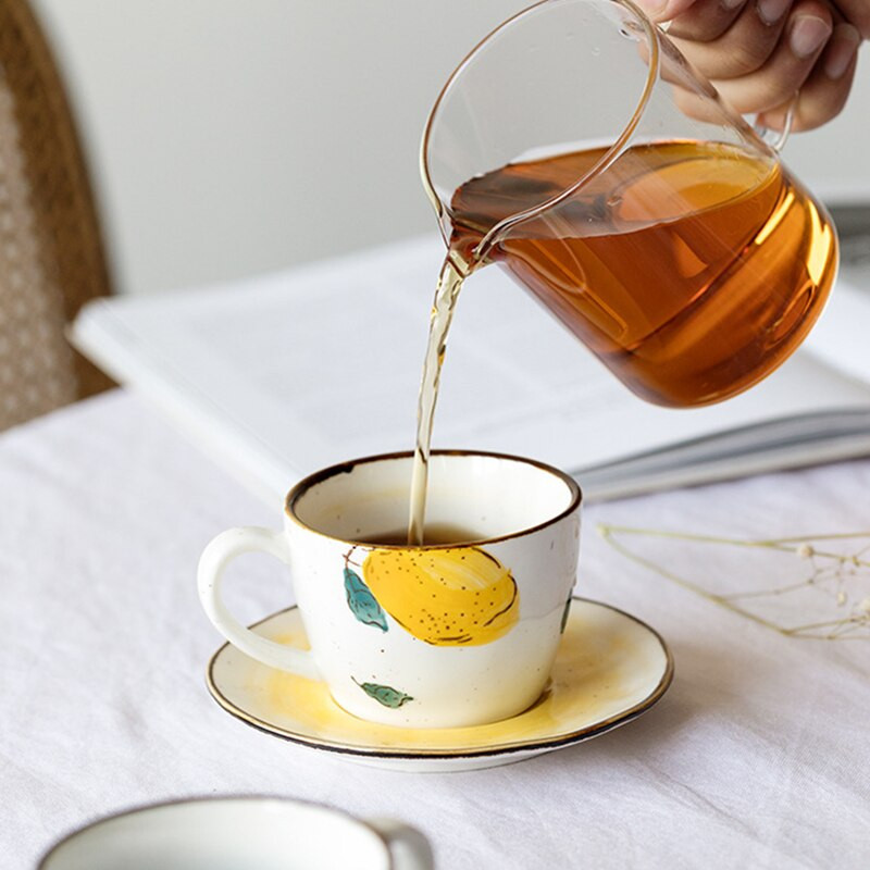 Cutelife Ins 180 ml-es koreai retro citromos kerámia kávés tea csésze készlet tejlé újrafelhasználható csésze hőszigetelő vizes csésze fogantyúval