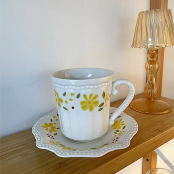 Cutelife Nordic Carved Flower Ceramic Cup Saucer Многократна употреба Пиене Чай Мляко Комплект чаши за кафе Home Decorative Vintage Breakfast Cup Set