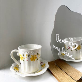 Cutelife Nordic Carved Flower Ceramic Cup Saucer Многократна употреба Пиене Чай Мляко Комплект чаши за кафе Home Decorative Vintage Breakfast Cup Set