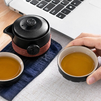 Китайски кунг-фу пътен сервиз за чай Черен порцелан Керамичен чайник матова греда тенджера Японска домакинска чаша за чай Преносима външна Gaiwan