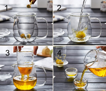 Топлоустойчива стъклена кана за чай и комплект чаши Стъклен чайник с филтър Пуер Чай Китайски кунг-фу комплект чай Чайник с цветя Чаша за чайник