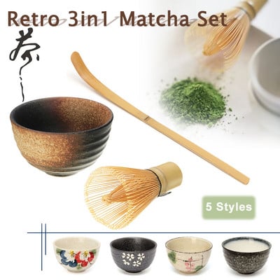 Retro 3in1 Bambusa Chasen Matcha putotājs Chashaku tējas liekšķere Matcha Bļoda Keramikas tējas trauks Mājas Virtuve Tējas Instrumenti Komplekts Tējas Piederumi