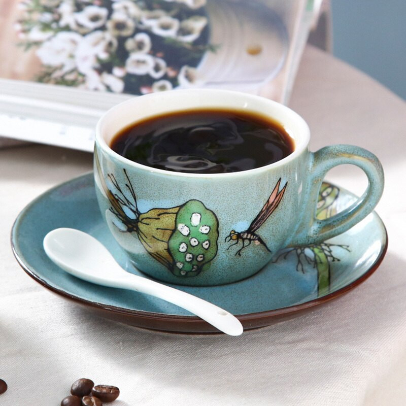 Kerámia kávéscsésze és csészealj szett koncentrált cappuccino latte bögre kreatív retro, kézzel festett irodai teáscsésze tazas de cafe