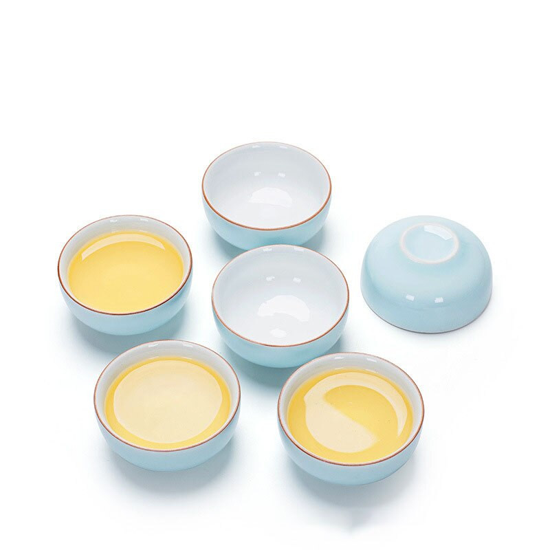 6db Creative Outside Blue belül fehér Kung Fu teáscsésze készlet, kínai porcelán teáscsésze készlet Celadon teáscsésze készlet Utazó teástál