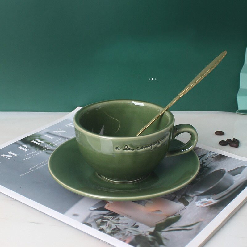 Cană de cafea din ceramică de 230 ml cu farfurie Glazură de culoare retro, ceașcă ceramică pentru cappuccino, pahar cu flori, set de căni de cafea, ustensile de cafea