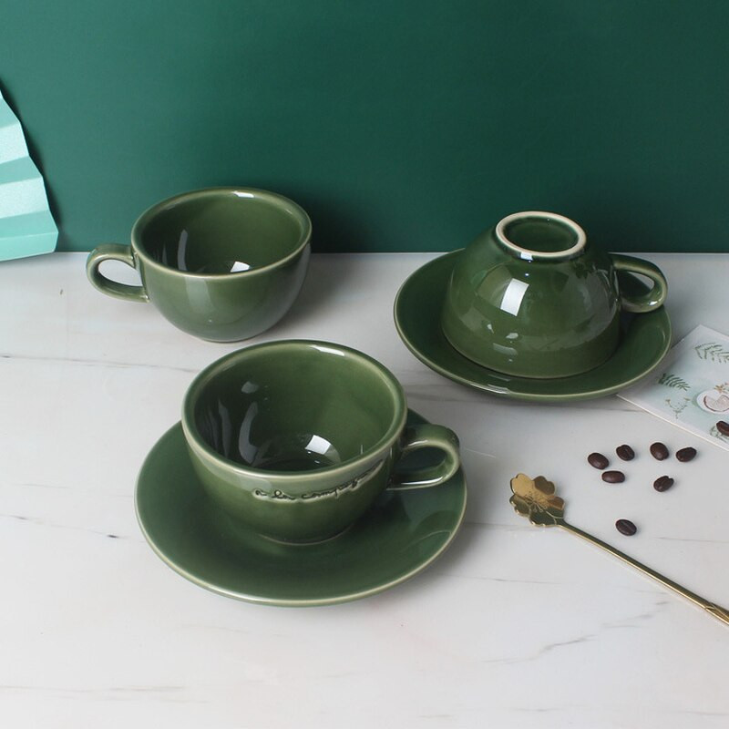 Cană de cafea din ceramică de 230 ml cu farfurie Glazură de culoare retro, ceașcă ceramică pentru cappuccino, pahar cu flori, set de căni de cafea, ustensile de cafea