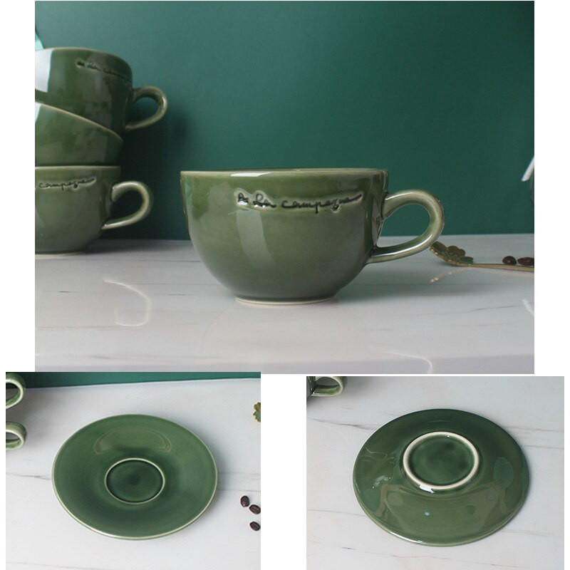 Cană de cafea din ceramică de 230 ml cu farfurie Glazură de culoare retro, ceașcă ceramică pentru cappuccino, pahar cu flori, set de căni de cafea, ustensile de cafea