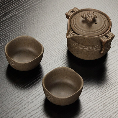Kinų retro grubios keramikos kelioninis arbatos rinkinys 2 puodeliai+1 puodas, rankų darbo keraminis arbatinukas virdulys porcelianinis gaiwan arbatos puodelis, arbatos puodelis arbatinukas