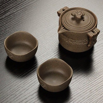 Kínai retro Durva kerámia utazó teáskészlet 2 csésze+1 edény, kézzel készített kerámia teáskanna vízforraló porcelán gaiwan teáscsésze, teáscsésze teáskanna